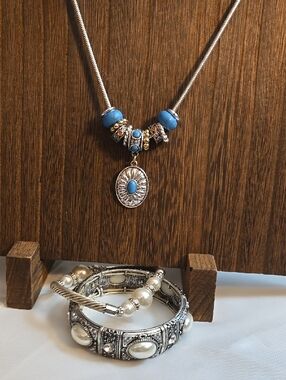 Silver-Tone Pendant Necklace with Blue Accents